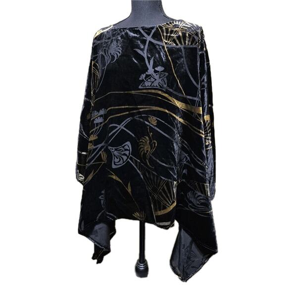 Chico's Velvet Burnout Poncho L/XL Black Scroll Print Lightweight Boho Popover - Picture 1 of 7